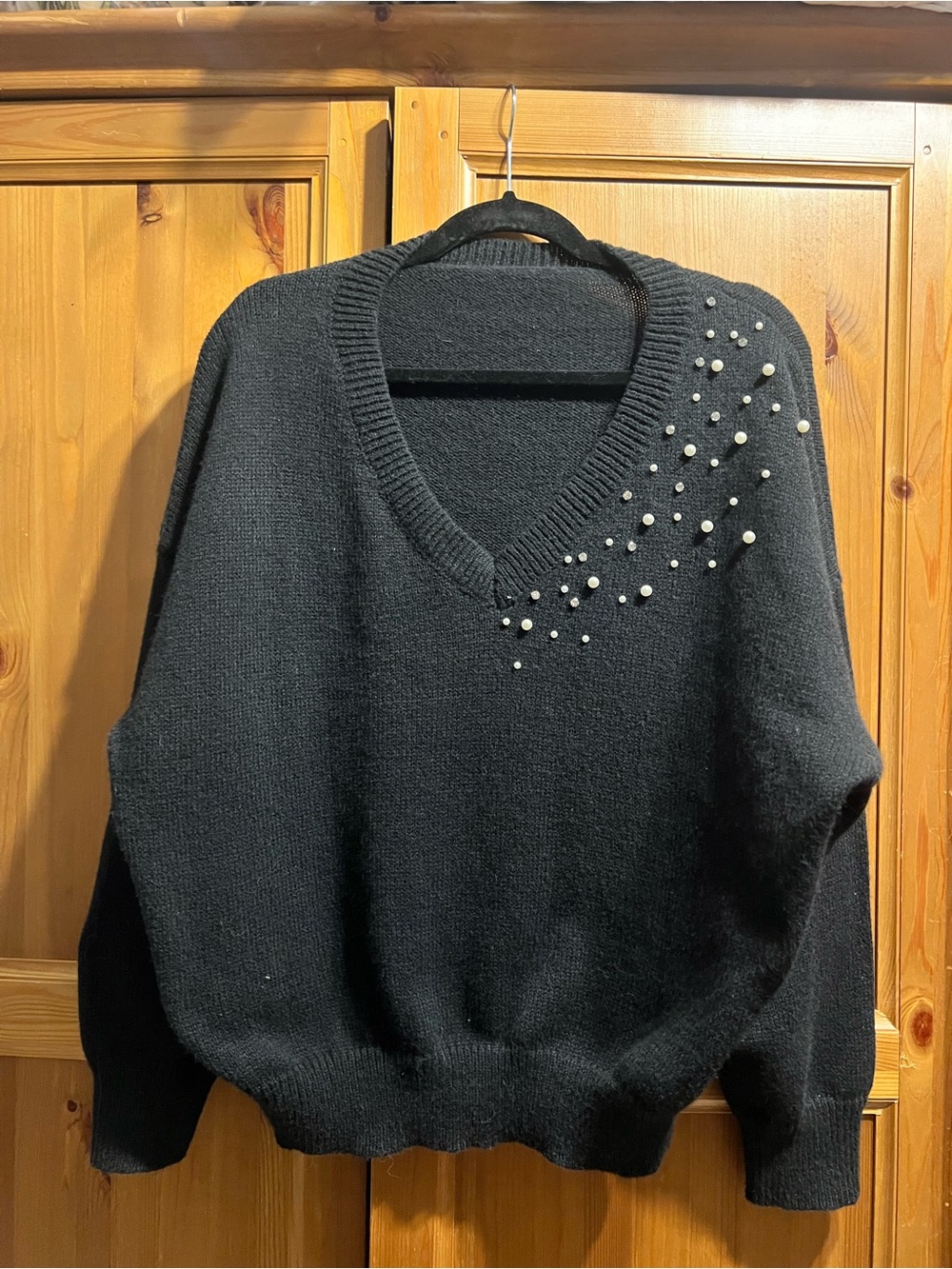 Women's Black V-Neck Sweater with Pearl  & Sparkle Accent